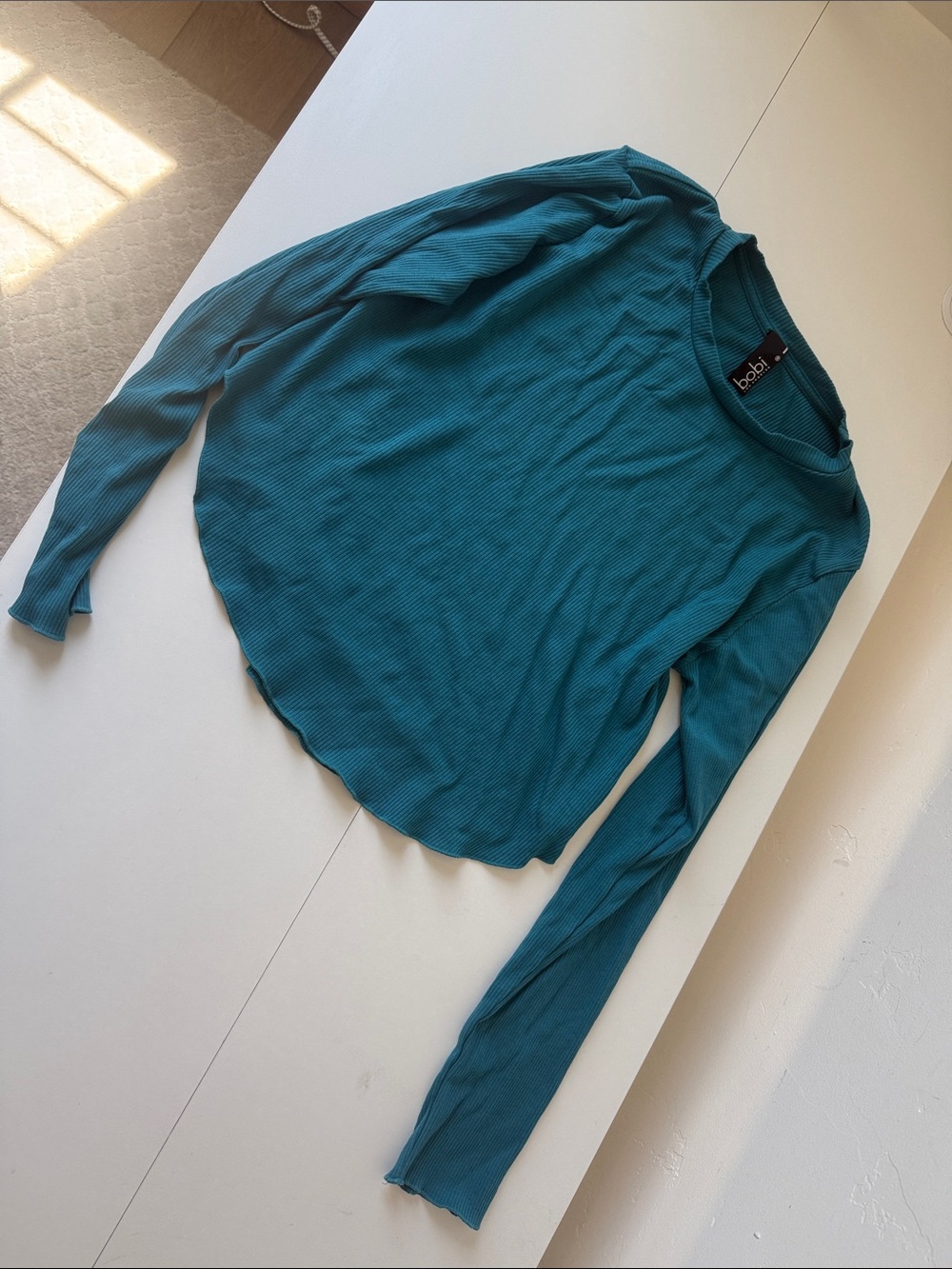 bobi Teal Ribbed Crewneck Long Sleeve Top